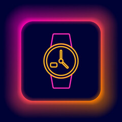 Wall Mural - Glowing neon line Wrist watch icon isolated on black background. Wristwatch icon. Colorful outline concept. Vector