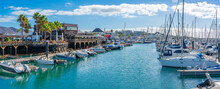 View Of Boats And The Restaurants In Rubicon Marina, Playa Blanca, Lanzarote, Canary Islands