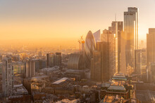 View Of City Of London Skyscrapers And Tower Bridge At Golden Hour From The Principal Tower, London, England