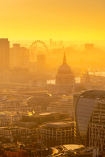 View Of London Eye And St. Paul's Cathedral At Golden Hour From The Principal Tower, London, England