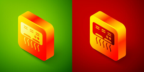 Sticker - Isometric Air conditioner icon isolated on green and red background. Split system air conditioning. Cool and cold climate control system. Square button. Vector