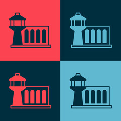 Sticker - Pop art Airport control tower icon isolated on color background. Vector