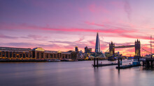 Tower Bridge And The Shard At Sunset, London, England