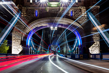 Tower Bridge At Night, With Light Trails, London, England
