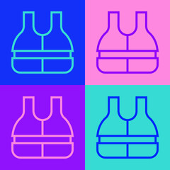 Poster - Pop art line Life jacket icon isolated on color background. Life vest icon. Extreme sport. Sport equipment. Vector