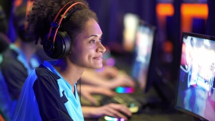 Wall Mural - Happy female gamer showing thumb up sign and smiling while using powerful computer for online game in computer club