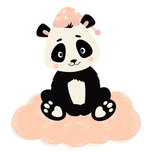 Cute Panda In Nightcap Sits On Delicate Pink Cloud. Vector Illustration. Baby Animals Character For Nursery, Design, Decoration And Postcards, Decor And Print