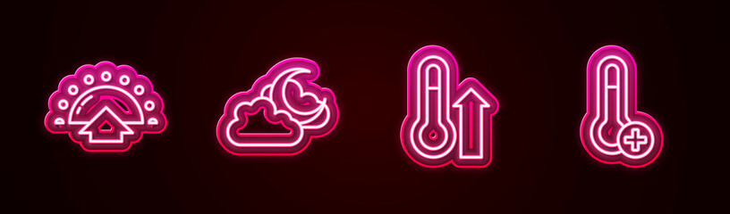 Sticker - Set line Sunrise, Cloud with moon, Meteorology thermometer and . Glowing neon icon. Vector