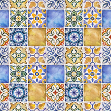 Watercolor Seamless Pattern With Ceramic Tiles . Square Vintage Hand-drawn Ornament.