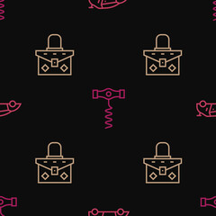 Poster - Set line Sport racing car, Handbag and Wine corkscrew on seamless pattern. Vector