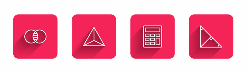 Set line Mathematics sets A and B, Geometric figure Tetrahedron, Calculator and Angle bisector of triangle with long shadow. Red square button. Vector