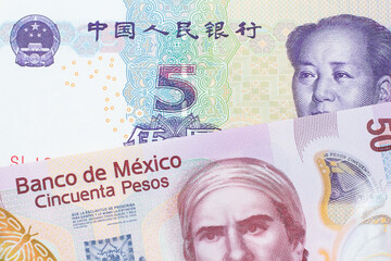 Wall Mural - A macro image of a pink, plastic fifty peso bank note from Mexico paired up with a purple, blue and white five yuan bank note from China.  Shot close up in macro.