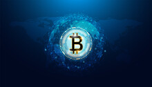 Abstract Bitcoin Cryptocurrency Consists Of The Bitcoin Symbol On The World, The Concept Of The Use Of Cryptocurrencies In The Future World.