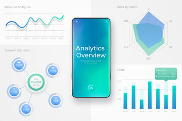 Wall Mural - mobile phone with financial analytics elements. interface of the payment system and financial transa