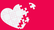 Heart Puzzle Missing Pieces Background. Top View Heart Puzzle With A Missing Piece Over Red Background. Health Care Design Background