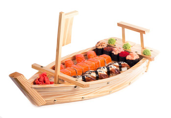 Wall Mural - Japanese cuisine. Sushi and rolls set isolated on white background.