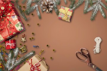 Wall Mural - Gift wraped in craft paper and red bow on brown background. Christmas gift box