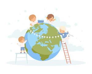 Poster - Little Boy Taking Care of Planet and Nature Hanging Garland on Huge Globe and Gathering Plastic Bottles Vector Illustration Set