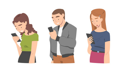 Poster - Disappointed with Bad News Man and Woman Character Reading Message on Smartphone Vector Illustration Set