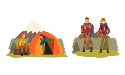 Wall Mural - People Character with Backpack in Tent and Walking Engaged in Hiking and Trekking Vector Set