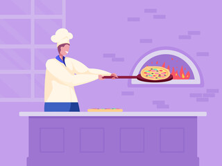 Pizza maker putting pizza on peel to traditional wood fired brick oven in restaurant. Pizzaiolo in cap cooking italian food in pizzeria. Delicious dinner. Business. Cartoon vector illustration.