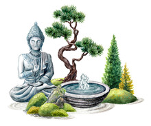 Watercolor Illustration Of Zen Garden With Buddha Statue, Bonsai Tree And Fountain. Spiritual Nature Landscape, Isolated On White Background