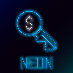 Canvas Print - Glowing neon line Rent key icon isolated on black background. The concept of the house turnkey. Colorful outline concept. Vector