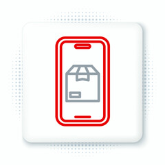 Canvas Print - Line Mobile smart phone with app delivery tracking icon isolated on white background. Parcel tracking. Colorful outline concept. Vector