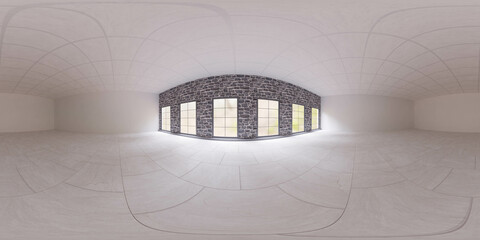 Wall Mural - 360 degree full panorama environment map of empty office loft interior with white tiled floor and bright day lighting 3d render illustration hdri hdr vr virtual reality content