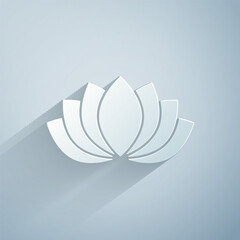 Poster - Paper cut Lotus flower icon isolated on grey background. Paper art style. Vector