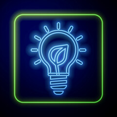 Poster - Glowing neon Light bulb with leaf icon isolated on blue background. Eco energy concept. Alternative energy concept. Vector