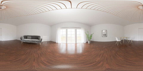 Wall Mural - 360 degree full panorama environment map of living room studio with plant and view with big windows and bright lighting 3d render illustration hdri hdr vr virtual reality