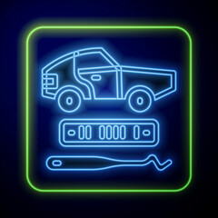 Sticker - Glowing neon Car theft icon isolated on blue background. Vector