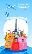 Travel In Famous Tourism Landmarks And Around The World Attractions Elements With Luggage Travelling Bags. Colorful Vector Illustration