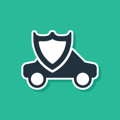 Sticker - Blue Car with shield icon isolated on green background. Insurance concept. Security, safety, protection, protect concept. Vector