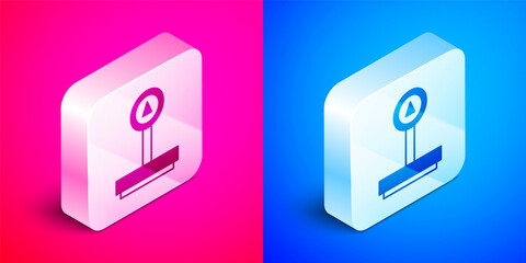 Sticker - Isometric Scale icon isolated on pink and blue background. Logistic and delivery. Weight of delivery package on a scale. Silver square button. Vector