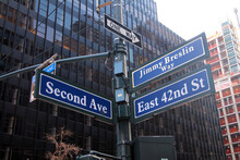 Blue East 42nd Street And Second Ave Historic Sign ( Jimmy Breslin Way ) In Midtown Manhattan