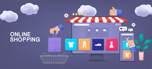 Wall Mural - online store concept. shopping via website or mobile app. 3d cartoon realistic webpage template with