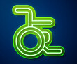 © Oksana - Glowing neon line Wheelchair for disabled person icon isolated on blue background. Vector