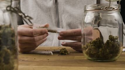 Wall Mural - Man rolling marijuana cannabis joint in coffee shop Amsterdam with CBD weed buds in glass jars.