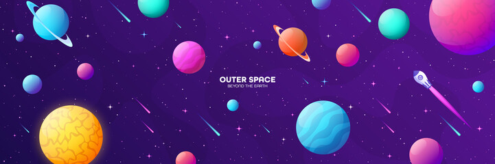 Wall Mural - space futuristic modern colorful background with rocket. starship, spaceship in night sky. solar sys