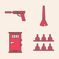 Sticker - Set Jurors, Pistol or gun with silencer, Paint brush and Prison cell door icon. Vector