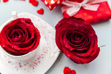 Canvas Print - Valentines day red roses and heart decor. Top view flat lay with copy space