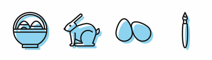 Sticker - Set line Easter eggs, Basket with easter eggs, Easter rabbit and Paint brush icon. Vector