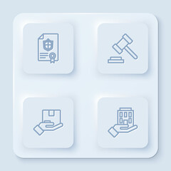 Poster - Set line Contract with shield, Judge gavel, Delivery insurance and House hand. White square button. Vector