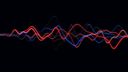 Fototapete - Abstract smooth colorful dynamic music wave with dots. Audio digital equalizer technology. Glowing electric waves on dark background. 3d rendering
