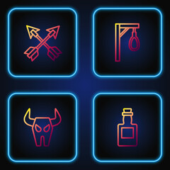 Poster - Set line Tequila bottle, Buffalo skull, Crossed arrows and Gallows. Gradient color icons. Vector