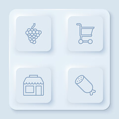 Canvas Print - Set line Grape fruit, Shopping cart, Market store and Salami sausage. White square button. Vector