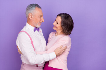 Sticker - Profile portrait of two lovely soulmates hug dance affectionate isolated on purple color background