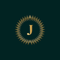 Wall Mural - Emblem Letter J Weaving Circle Monogram Graceful Template. Simple Logo Design for Luxury Crest, Royalty, Business Card, Boutique, Hotel, Heraldic. Calligraphic Vintage Border. Vector Illusration